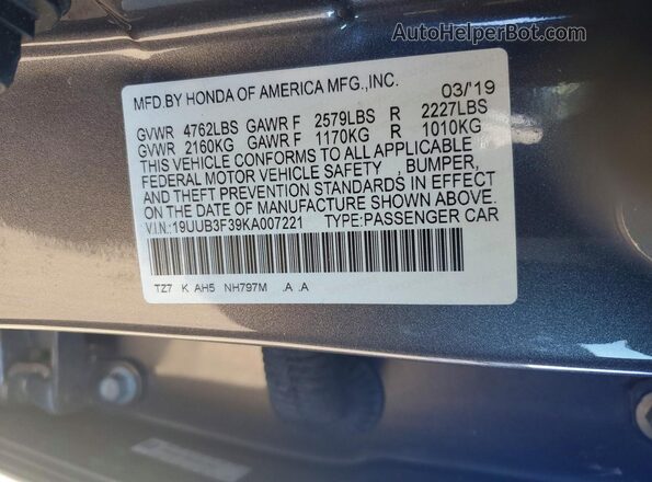 19UUB3F39KA007221 2019 ACURA TLX Gray Widok komory silnika