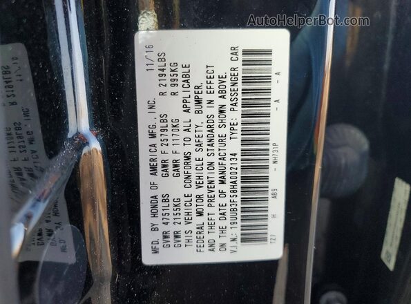 19UUB3F58HA002134 2017 ACURA TLX Черный Вид наклейки с VIN-кодом