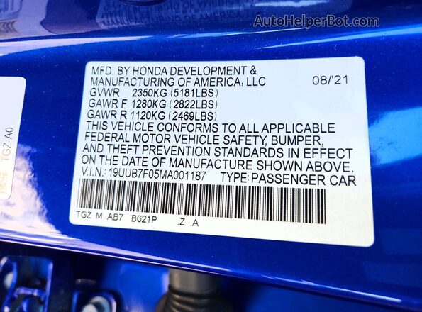 19UUB7F05MA001187 2021 ACURA TLX Blue Engine compartment view