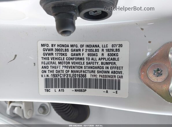 19XFC1F31LE019368 2020 HONDA CIVIC Белый Вид подкапотного пространства