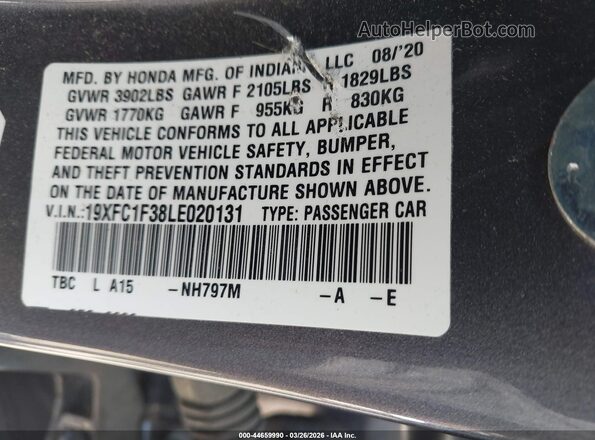19XFC1F38LE020131 2020 HONDA CIVIC Gray Вид підкапотного простору