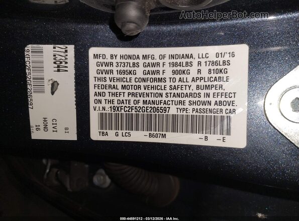 19XFC2F52GE206597 2016 HONDA CIVIC Dark Blue Вид подкапотного пространства