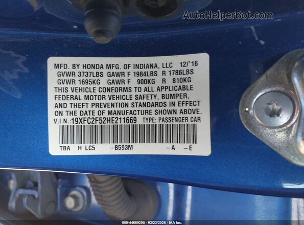 19XFC2F52HE211669 2017 HONDA CIVIC Blue Вид підкапотного простору