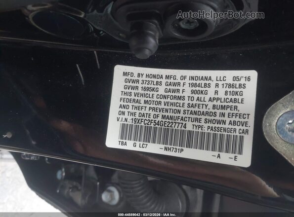 19XFC2F54GE227774 2016 HONDA CIVIC Black Շարժիչի բաժամունքի տեսք