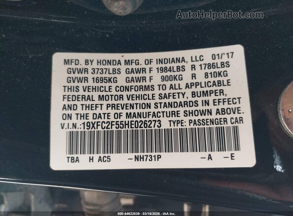 19XFC2F55HE026273 2017 HONDA CIVIC Черный Вид подкапотного пространства