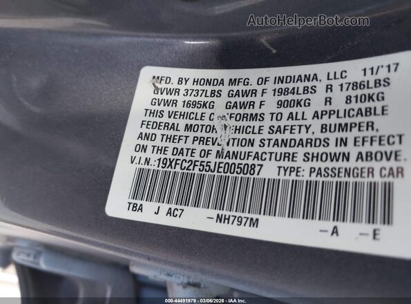 19XFC2F55JE005087 2018 HONDA CIVIC Gray Вид підкапотного простору