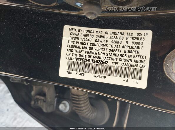 19XFC2F61KE022642 2019 HONDA CIVIC Черный Вид подкапотного пространства