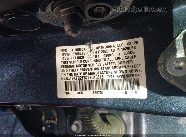 19XFC2F67LE015616 2020 HONDA CIVIC Black Widok komory silnika