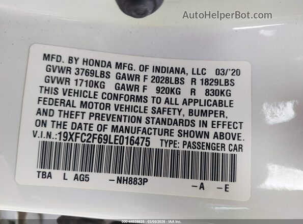 19XFC2F69LE016475 2020 HONDA CIVIC White ძრავის განყოფილების ხედი