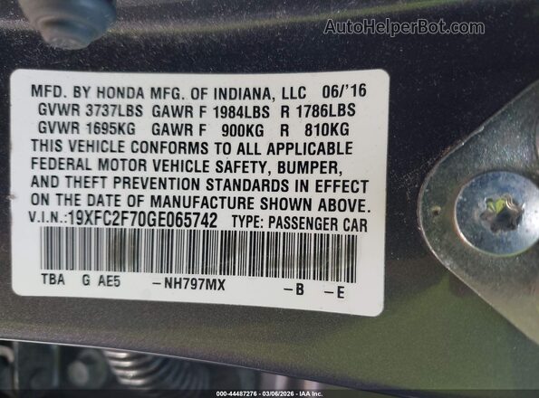 19XFC2F70GE065742 2016 HONDA CIVIC Серый Вид подкапотного пространства