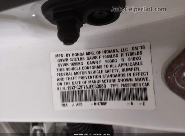 19XFC2F76JE033689 2018 HONDA CIVIC White Вид підкапотного простору