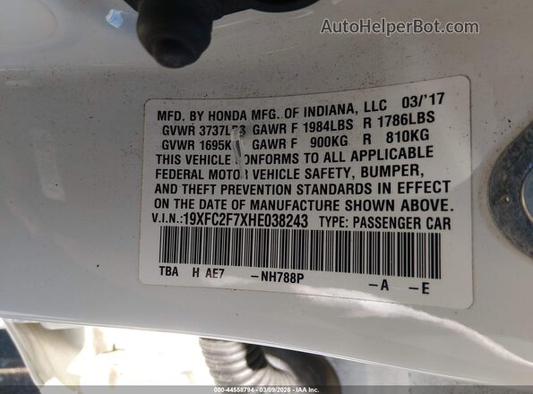 19XFC2F7XHE038243 2017 HONDA CIVIC Белый Вид подкапотного пространства