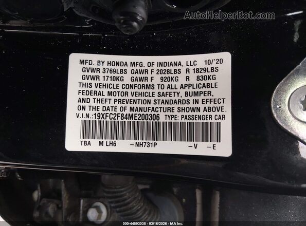 19XFC2F84ME200306 2021 HONDA CIVIC Черный Вид подкапотного пространства