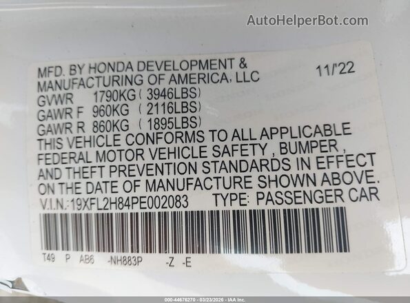 19XFL2H84PE002083 2023 HONDA CIVIC Белый Вид подкапотного пространства