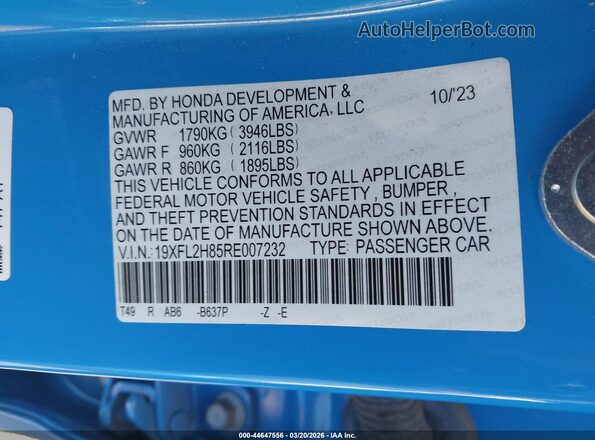 19XFL2H85RE007232 2024 HONDA CIVIC Синий Вид подкапотного пространства