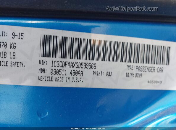 1C3CDFAAXGD539566 2016 DODGE DART Синий Вид подкапотного пространства