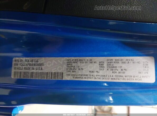 1C4JJXP65NW280491 2022 JEEP WRANGLER Blue Vista del compartimento del motor