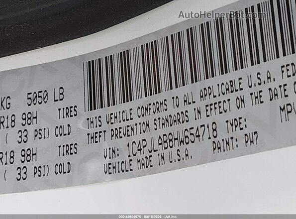 1C4PJLAB8HW654718 2017 JEEP CHEROKEE Белый Вид подкапотного пространства