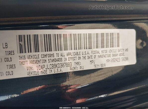 1C4PJLCB9KD307883 2019 JEEP CHEROKEE Черный Вид подкапотного пространства