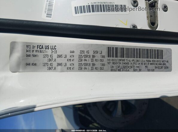 1C4PJLDB2KD419472 2019 JEEP CHEROKEE Белый Вид подкапотного пространства