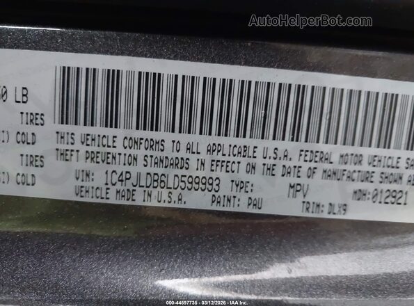 1C4PJLDB6LD599993 2020 JEEP CHEROKEE Серый Вид подкапотного пространства