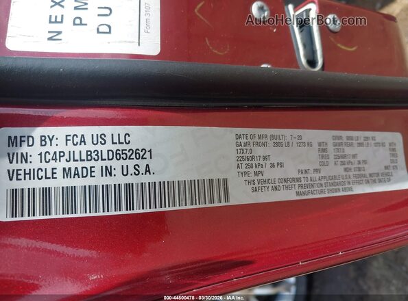 1C4PJLLB3LD652621 2020 JEEP CHEROKEE Red Вид підкапотного простору