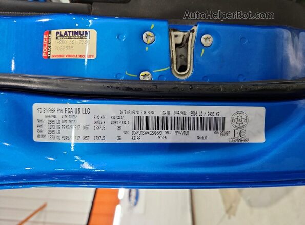 1C4PJMBX0KD201003 2019 JEEP CHEROKEE Blue VIN sticker view