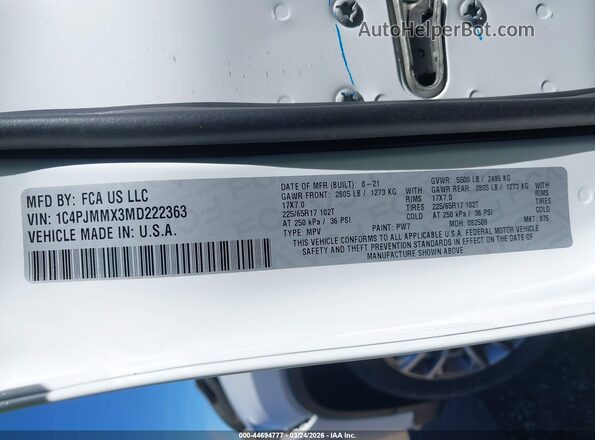 1C4PJMMX3MD222363 2021 JEEP CHEROKEE Белый Вид подкапотного пространства