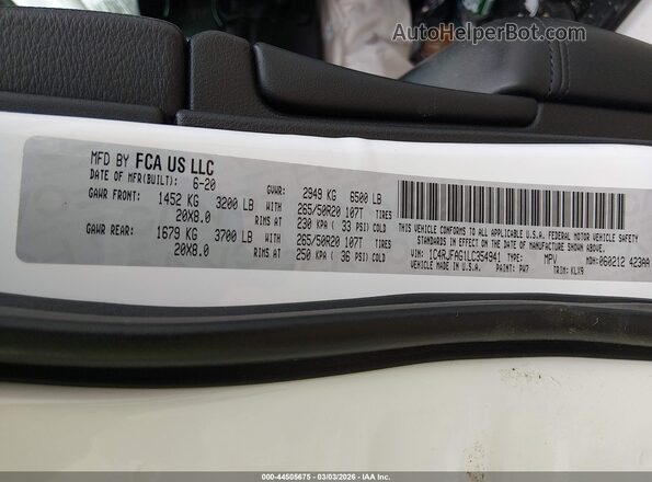 1C4RJFAG1LC354941 2020 JEEP GRAND CHEROKEE Белый Вид подкапотного пространства