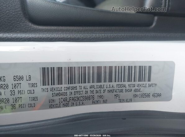 1C4RJFAG3KC590876 2019 JEEP GRAND CHEROKEE Белый Вид подкапотного пространства