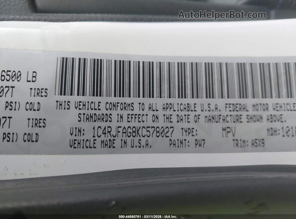 1C4RJFAG8KC578027 2019 JEEP GRAND CHEROKEE White Engine compartment view