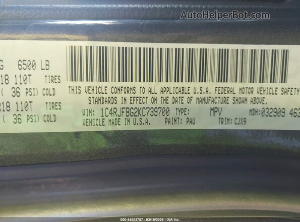 1C4RJFBG2KC739700 2019 JEEP GRAND CHEROKEE Gray Вид підкапотного простору
