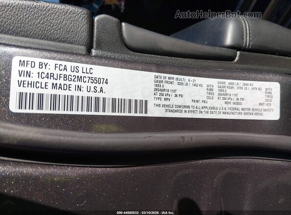 1C4RJFBG2MC755074 2021 JEEP GRAND CHEROKEE Серый Вид подкапотного пространства