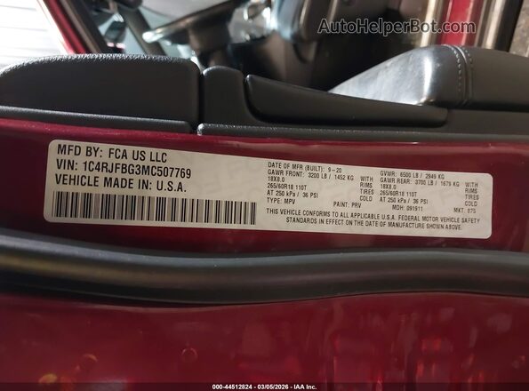 1C4RJFBG3MC507769 2021 JEEP GRAND CHEROKEE Бордовый Вид подкапотного пространства