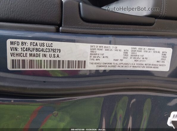 1C4RJFBG4LC379279 2020 JEEP GRAND CHEROKEE Синий Вид подкапотного пространства