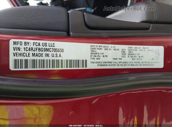 1C4RJFBG9MC705630 2021 JEEP GRAND CHEROKEE Бордовый Вид подкапотного пространства