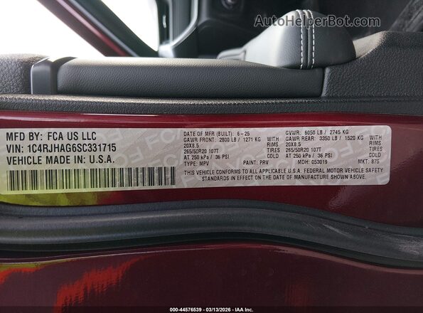 1C4RJHAG6SC331715 2025 JEEP GRAND CHEROKEE Бордовый Вид подкапотного пространства