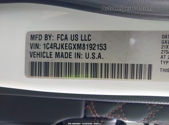 1C4RJKEGXM8192153 2021 JEEP GRAND CHEROKEE L Белый Вид подкапотного пространства