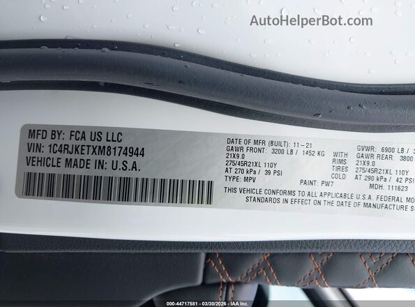 1C4RJKETXM8174944 2021 JEEP GRAND CHEROKEE L White Widok komory silnika