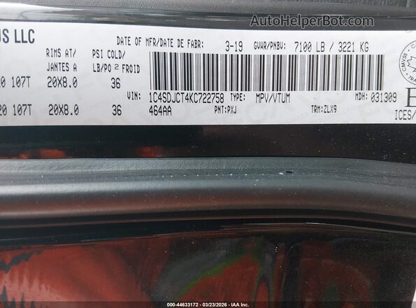 1C4SDJCT4KC722758 2019 DODGE DURANGO Black Շարժիչի բաժամունքի տեսք