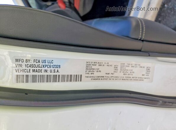 1C4SDJGJXPC612328 2023 DODGE DURANGO White VIN კოდის სტიკერის ხედი