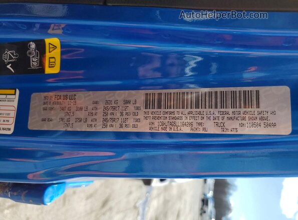 1C6HJTAG5LL164206 2020 JEEP GLADIATOR Синий Вид наклейки с VIN-кодом
