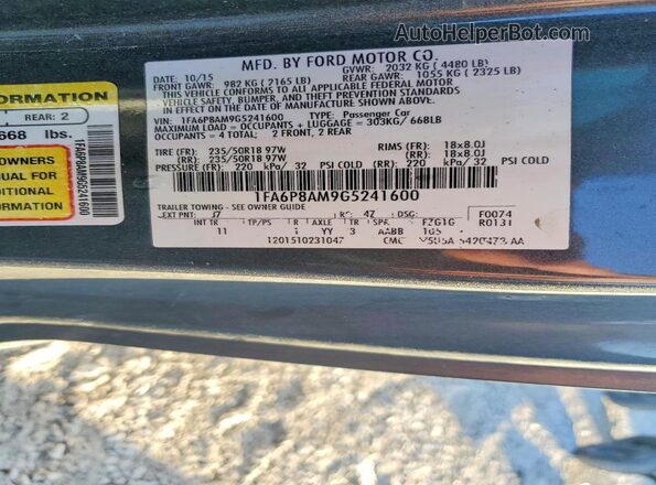 1FA6P8AM9G5241600 2016 FORD MUSTANG Серый Вид наклейки с VIN-кодом