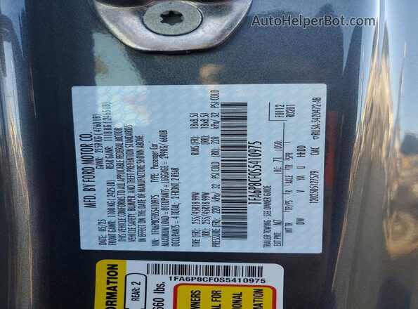 1FA6P8CF0S5410975 2025 FORD MUSTANG Black Widok naklejki z numerem VIN