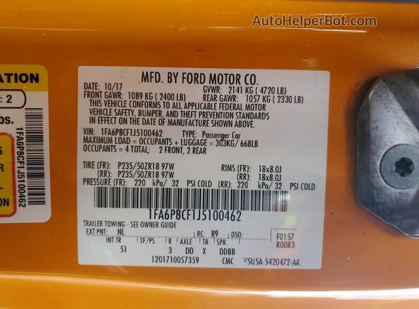 1FA6P8CF1J5100462 2018 FORD MUSTANG Оранжевый Вид наклейки с VIN-кодом
