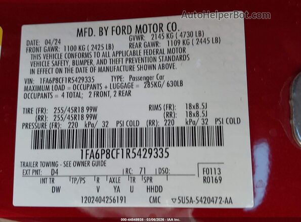1FA6P8CF1R5429335 2024 FORD MUSTANG Красный Вид подкапотного пространства
