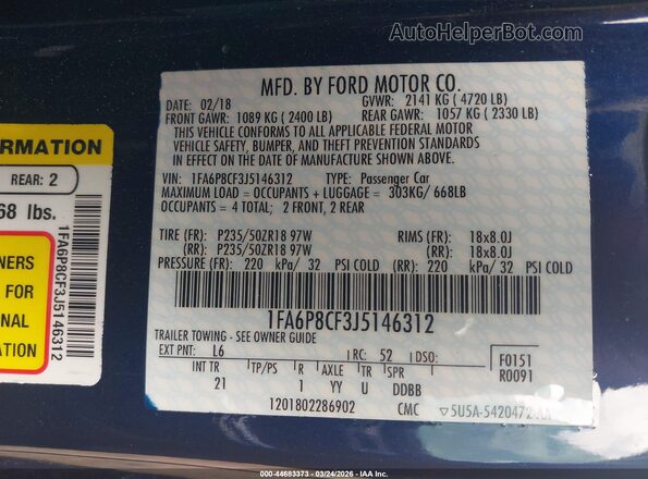 1FA6P8CF3J5146312 2018 FORD MUSTANG Синий Вид подкапотного пространства
