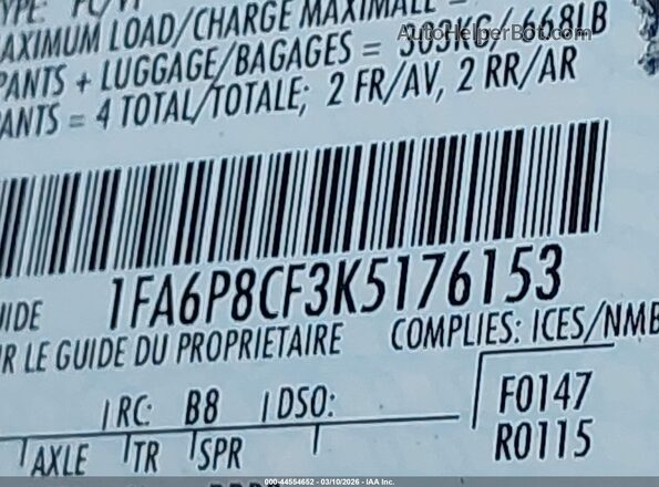 1FA6P8CF3K5176153 2019 FORD MUSTANG Синий Вид подкапотного пространства