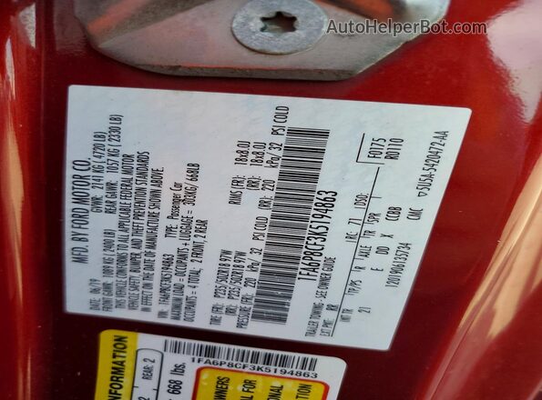 1FA6P8CF3K5194863 2019 FORD MUSTANG Красный Вид подкапотного пространства