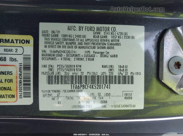 1FA6P8CF4K5201741 2019 FORD MUSTANG Gray Vista del compartimento del motor
